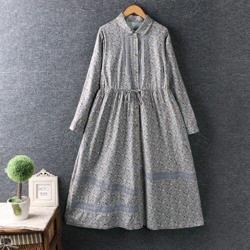 Japan Style Mori Girl Women Cotton Dress 2021 New Spring Fresh Lace Elastic Waist Long Sleeve Print Women Dress
