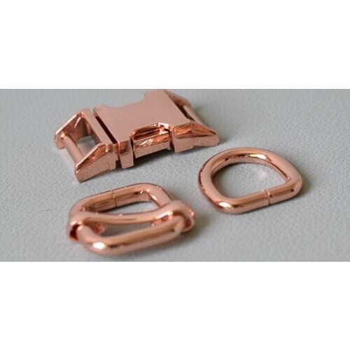 10 Sets Metal Belt Straps Slider Renegade Release Buckle D Ring 15mm Strap For Pet Dog Collar Harness Accessory-Rose Gold