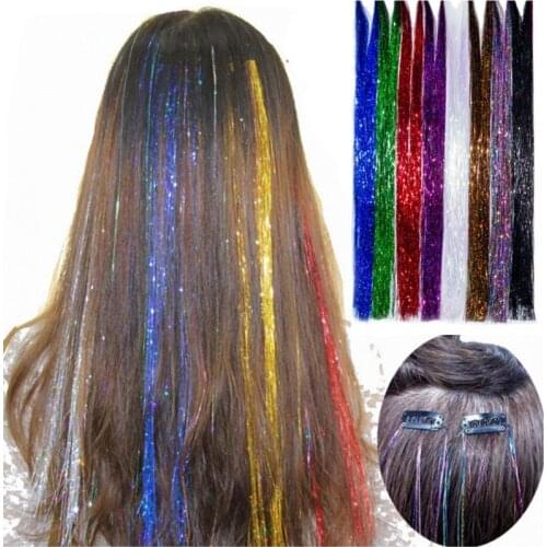 2pcs Colored Strands Glitter Hair Tinsel Hair Extensions Glitter Hair Tinsel Headdress False Hair With Clip Synthetic Hair 2021