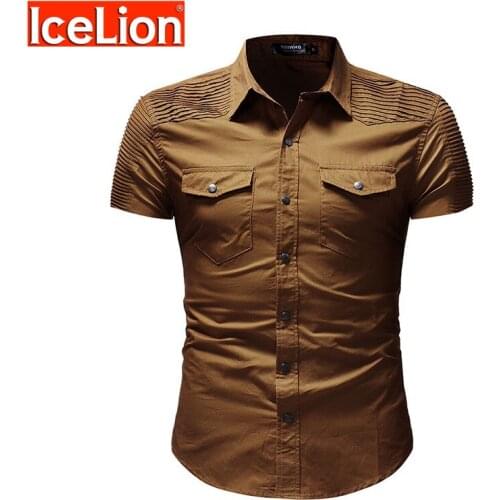 IceLion 2021 New Fashion Casual Short Sleeves Shirt Men Fold Patchwork Shirts Solid Mens Denim Shirts Camisa Social Masculina