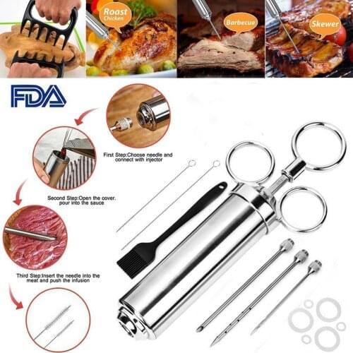 60ml Marinade Syringe Marinade Injector 304 Food Grade Stainless Steel Turkey Steak Meat Seasoning Injector Food Syringe Kit