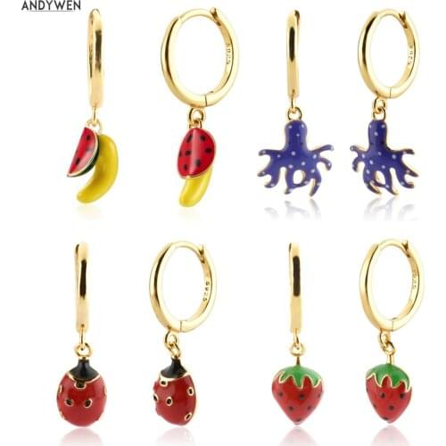 ANDYWEN 2021 925 Sterling Silver New Fruits Drop Earring Aros Pulpo Aros Papaya Circle Loops Rock Punk Summer Jewelry Clips