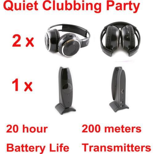 Silent Disco compete system black folding wireless headphones - Quiet Clubbing Party Bundle (2 Headphones + 1 Transmitter)