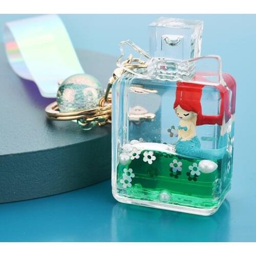 Disney Ariel Mermaid Princess Keychian Girls Toys Sweet Quicksand Liquid Bottle Keychain Pendant Keychains Children Birthday Toy