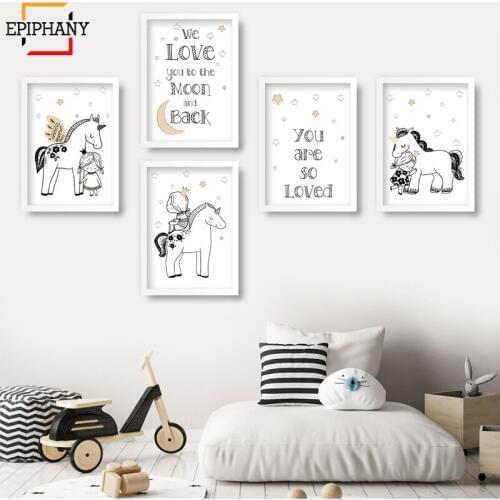 Unicorn Nursery Decor Love You To The Moon and Back Scandinavian Gallery Wall Art Painting Kids Girls Room Posters and Prints