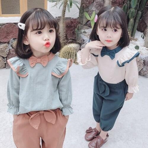 Children Clothing Baby Girl Bow Shirt + Bows Long Pants 2 Pieces Sets 2021 Spring Autumn Cotton Clothes