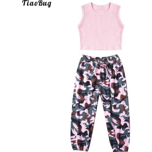 TiaoBug 2Pcs Kids Girls Boys Cotton Summer Suit Round Neck Sleeveless Stretchy Crochet Crop Vest And Camouflage Print Pants Set
