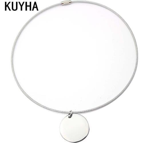 Women Steel Silver Color Soft wire Necklace & Pendant Engravable Choker Necklaces with Round Customizable Charm Pendant Necklace