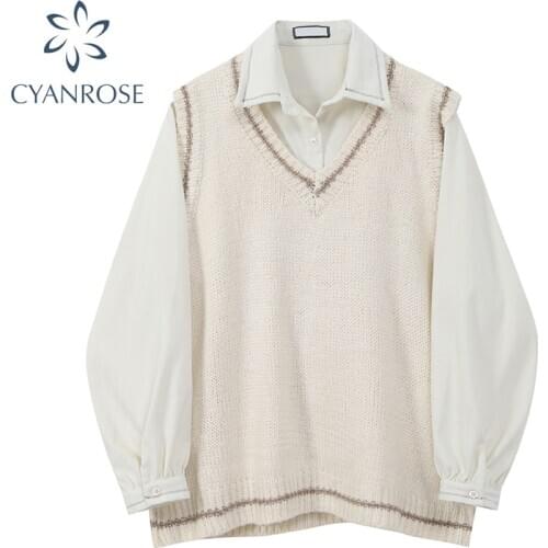 Elegant Tops For Women Preppy Style Blouse Office Lady Oversized Shirt And Sleeveless Vest Female Casual Vintage Two Piece Set