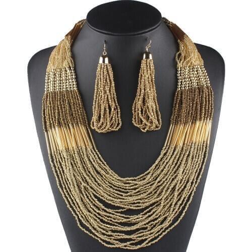 Claire Jin Multi Layer Necklace and Earrings Set Jewelry Women Bohemian Fashion Statement Choker Boho Jewelry Accessories