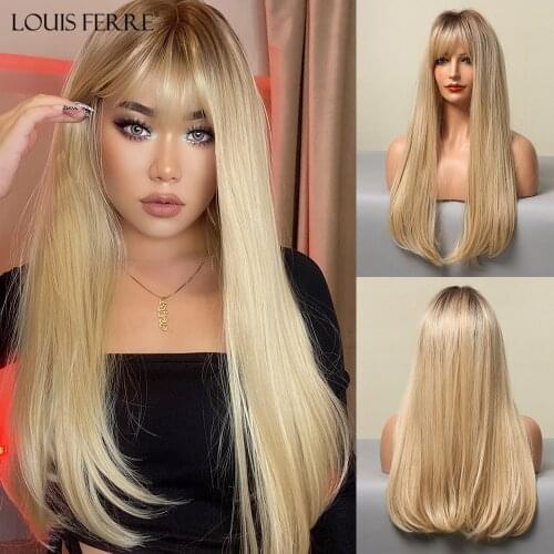 LOUIS FERRE Ombre Blonde Hair Wig Long Straight Synthetic Wigs with Bangs for White/Black Women Heat Resistant Cospaly Party Wig