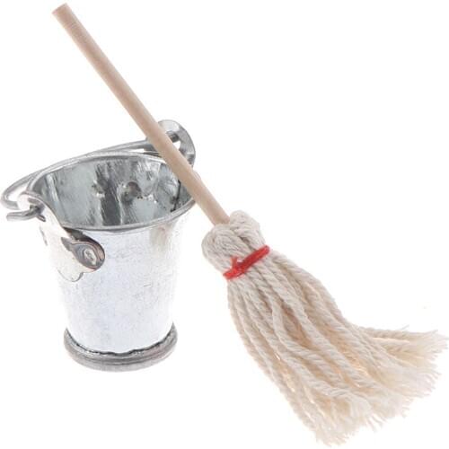 Hot 1:12 Scale Dollhouse Miniature Kitchen Garden Mop Bucket Classic Pretend Play Furniture Cute Toys Creative Gifts Presents