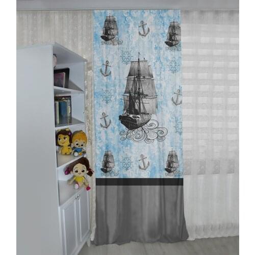 Mavi çocuk odası perdesi gemi,bulut,deniz,su çocuk perdesi