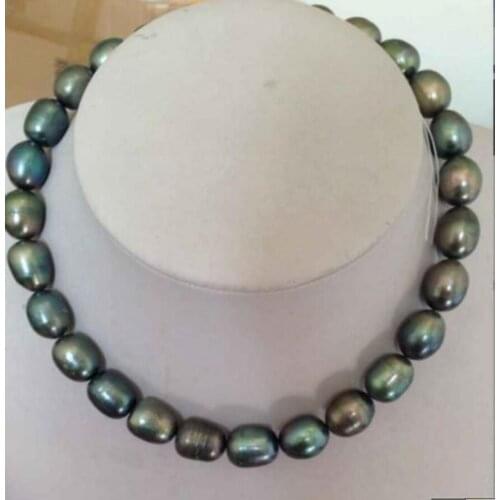 Fashion jewelry Free Shipping stunning 10-11mm tahitian black green baroque pearl necklace 18inch 925silver gold
