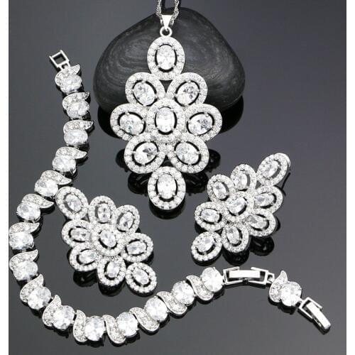 Silver 925 Jewelry Sets For Women White Cubic Zirconia Square Stud Earrings/Bracelet/Pendant/Necklace Set