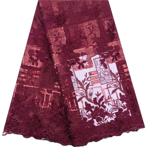 Nigerian Sequined Lace Fabrics Red High Quality Embroidered Tulle African Laces Fabric Velvet Lace Fabric For Party Dress 1752