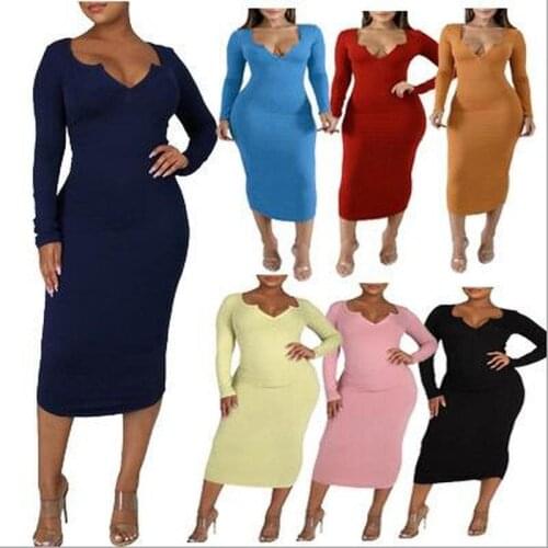 Fitting Dress long Sleeve Elegant Empire bodycon dresses woman deep V-neck sexy fashion solid cloth Women Basic Vestidos FC1142