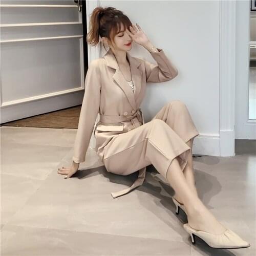 Office Wear Suits Female Sets Autumn Winter Women Lace Up Pant Suit Notched Blazer Jacket & Pant