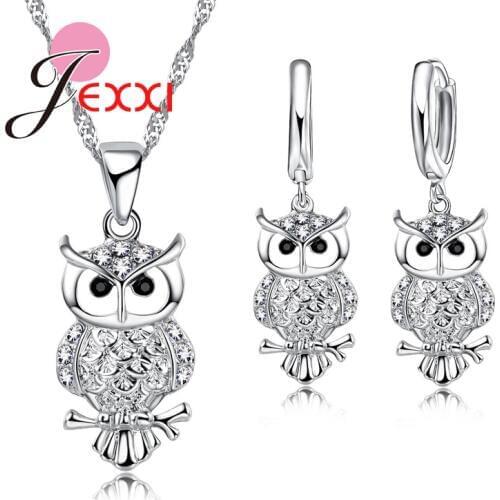 Fashion Cartoon Owl Animal Statement Necklace + Earrings 925 Sterling Silver Jewelry Sets Wedding Anniversary Bijoux