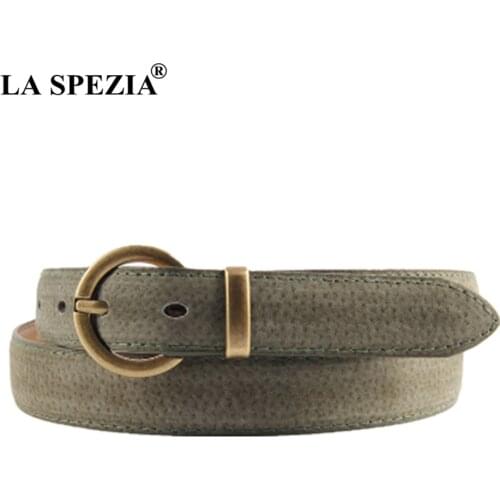 LA SPEZIA Leather Ring Belt Women Army Green Pin Buckle Belt Jeans Female Circle Wasit Real Leather Pigskin Ladies Brand Belts