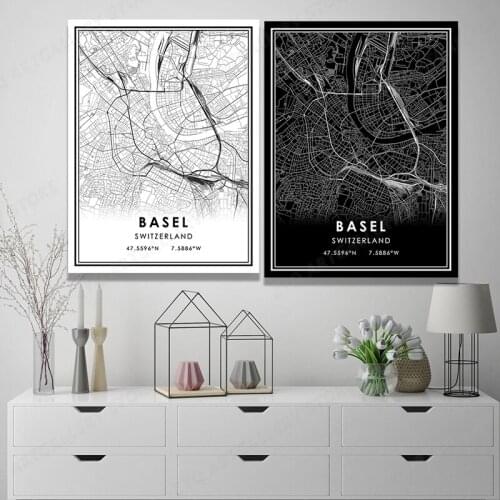 Basel, Switzerland Moderne Schwarz Weiß Welt Stadt Karten Leinwand Gemälde Poster Druck Wand Kunst Bilder Hause decor