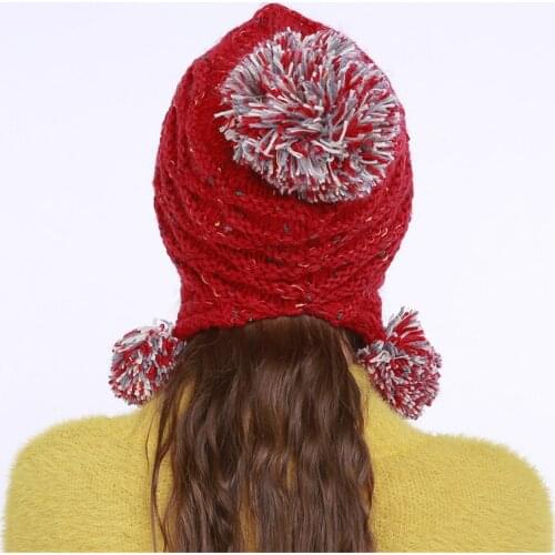 3 Wool Ball Warm Bonnet Skullies CapsMixed Color Knitted Beanies Hat Women Wool Earmuffs Hats Lady Winter New Handmade Jacquard