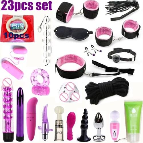 23 Pcs set Vibrator Sex Toys for Woman Adult Games Handcuffs Whip Mouth Gag Rope Metal Butt Plug Bdsm Bondage Set Bead Anal plug