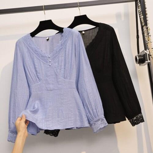 Black Blue Long Sleeved Lace Plus Size Korean Autumn Elegant Fashion Blouses And Tops WomenS Oversize Shirt Clothing 2021