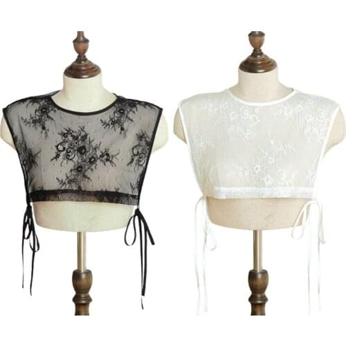 Women Sheer Mesh Shawl False Collar Sexy Embroidery Floral Lace Detachable Dickey Pullover Underwear Lace-Up Ties Half Shirt