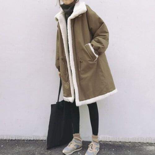 Women Cotton-padded Jacket Mid-length Winter Lamb Wool Korean Long Womens Coat Loose Parka Thickened Outerwear Female