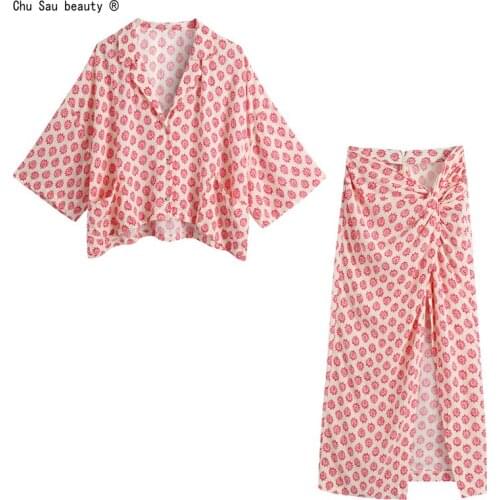 2021 Printed Loose Drape Autumn New Casual Short-Sleeve Straight Shirt Top + High-Waist Folds Split Sexy Long Skirt Women