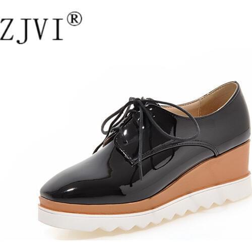 ZJVI Woman Wedges High Heels Pumps 2020 Women Winter Autumn Ladies Platform Women Fashion Patent PU Casual Lace Up Black Shoes