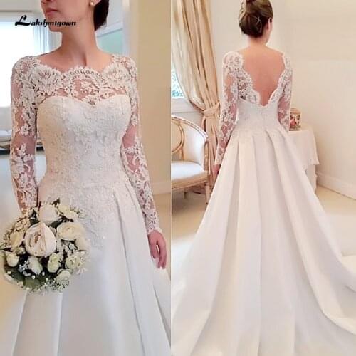 Elegant Backless Dress 2020 Vintage Lace Satin Long Sleeve Bridal Wedding Dresses Robe Femme New Mariage Wedding Gowns Plus Su
