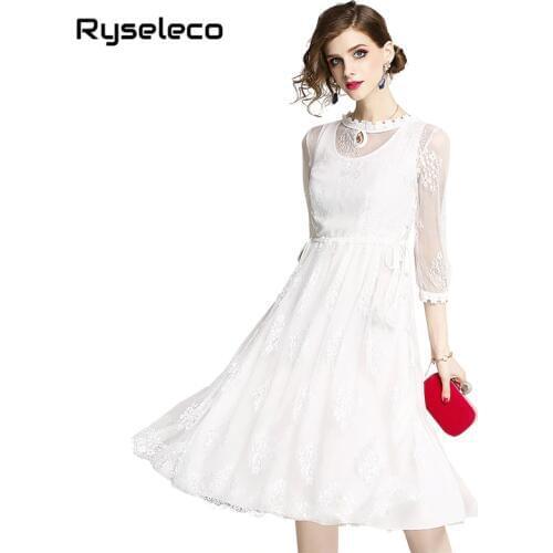 White floral lace stitching Hollow out women Slim high quality Sexy midi vestidos elegant ties waist swing party Casual Dresses