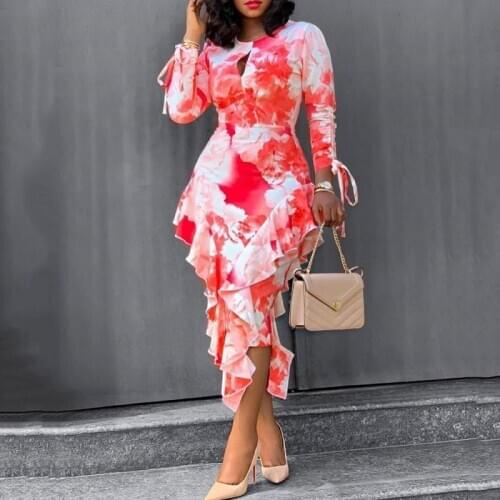 Falbala Round Neck Boho Floral Printed Dress Slim 2020 Spring Sexy Cut Out Ruffles Dresses Women Party Office Midi Vestidos XXL