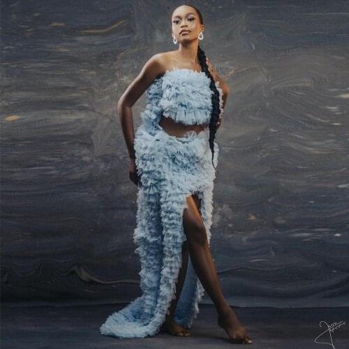 Two Pieces Sky Blue Tulle Party Dresses Strapless Top and Skirt Womens Summer Dress High Street Wear Tiered Side Split Robes