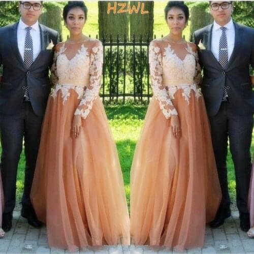 Dark Champagne Prom Dresses Sheer Neck Lace Long Sleeves Evening Gowns Arabic Tulle Floor Length Robe De Soiree Formal Wear