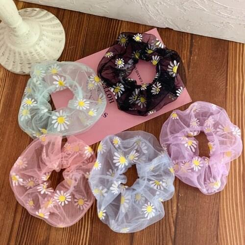 1pc Yellow Daisy Floral Thin Mesh Hair Rope Rubber Band Rope Elastic Girl Scrunchies Ponytail Holder Hair Bands Ties Accessories