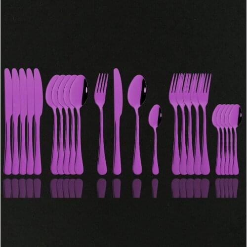 Hot 24Pcs Stainless Steel Kitchen Food Tableware Rainbow Purple High Quality Knife Fork Spoon Dinnerware Cutlery Flatware Set