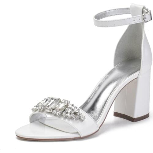 Block Thick Heel Sandals Ankle Strap with Big Stone Crystals Trim Strap Upper Lady Pumps Bridal Wedding Shoes White Ivory High