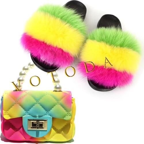 Children Fur Slides Jelly Bag Sets Kid Flufffy Fox Fur Slippers Pearl Purse Toddler Raccoon Fur Flip Flop Baby Rainbow Fur Shoes