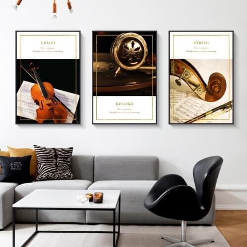 Figuee Canvas Vintage Black White Gold Instrument Guitar Violin Phonograph Painting Wall Pictures Posters Living Room Decoration