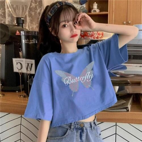 Butterfly Short Short-sleeved T-shirt Female High-waist Navel BF Wind Korean Loose Ins Top Half-sleeved Vintage Dropshipping