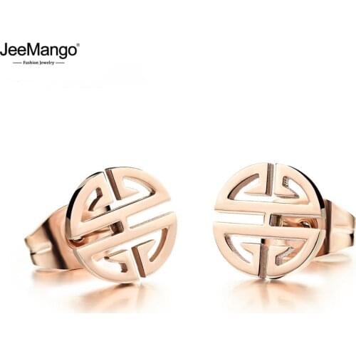 JeeMango Vintage Chinese National Titanium Steel Auspicious Longevity Earrings Rose Gold Ethnic Jewelry For Women Girls JE19169