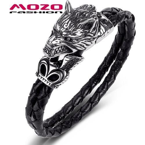 Male Bracelets Fashion Jewelry Black Double Layer Leather Stainless Steel Punk Ferocious Wolf Charm Bangles For Gift PS1043