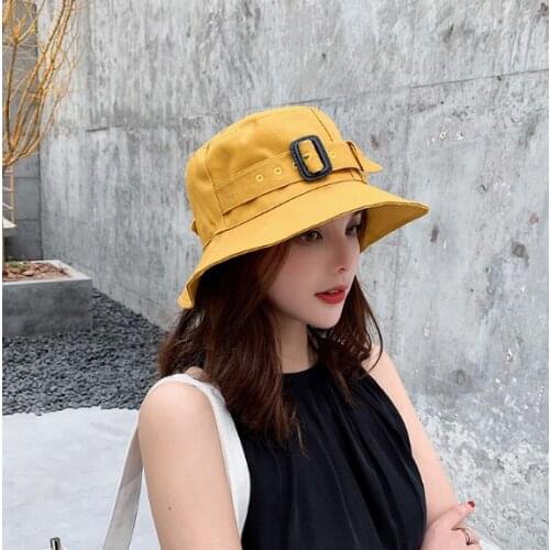 New Style Summer Vintage Women Stitched Floppy Brim Hat Cotton Flat Top Fisherman Bucket Hat with Buckle Belt