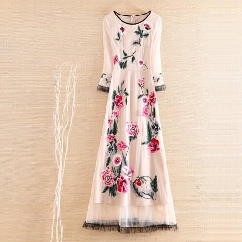 High-end Autumn Mesh Dress Ethnic Style Retro Elegant Embroidery Slim O-neck 3/4 Sleeve Party Dress S-XXL