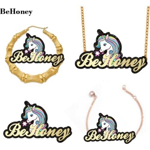 Custom personalised name necklace bamboo Customized Jewelry earrings ring bracelet set