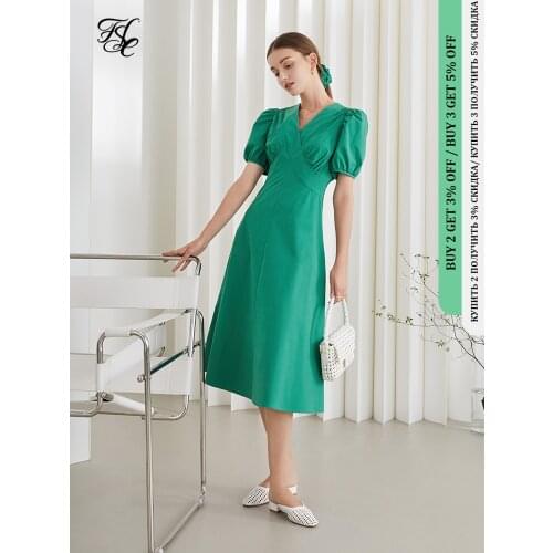 FANSILANEN Office Lady 100% Cotton Retro Green V-neck Puff Sleeve Dress Female 2021 Summer New Long Zip A-line Women Dress