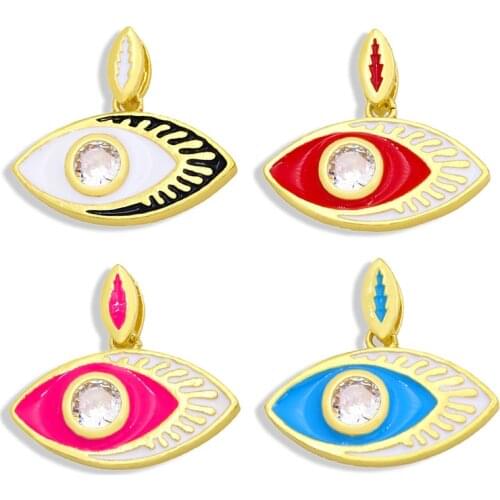 OCESRIO Brass Enamel Pendant Big White Cubic Zirconia Stone Evil Eye Pendants with Eyelash Findings for Diy Pdta377